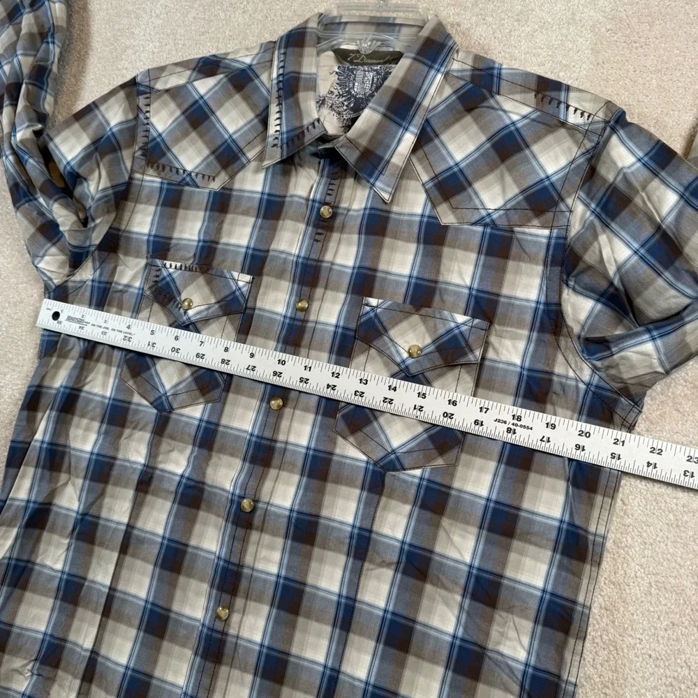 7 Diamonds Mens XL Blue Plaid Western Snap Button Embroidered Long Sleeve Shirt